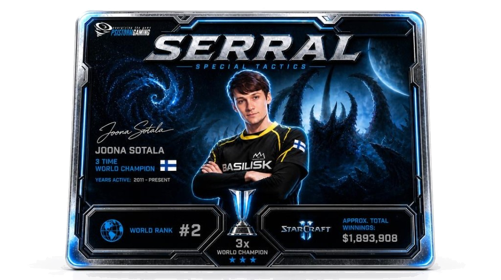 Example pro player card front: portrait, stats, branding (illustrative sample)